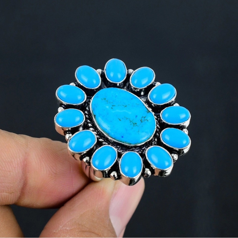 Size 11 Sleeping Turquoise Cluster 925 Sterling Silver Overlay Ring